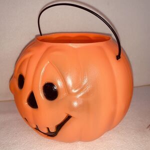Vtg Halloween Plastic Blow Mold Pumpkin Jack O Lantern Trick or Treat Candy Pail